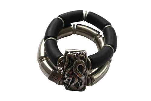 bracelett Ø60mm with silver dragon plate 26x49mm, silver curves 15x34mm and black curves 15x34mm