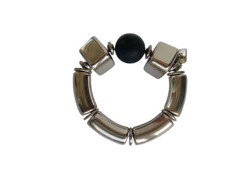 bracelett Ø60mm, with silver curves 15x34mm, silver irregular cubes 18x24mm and black pearls 24mm